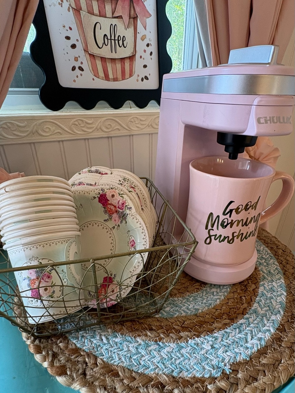 Pink Single-Serve Coffee Maker with 'Good Morning Sunshine' Mug